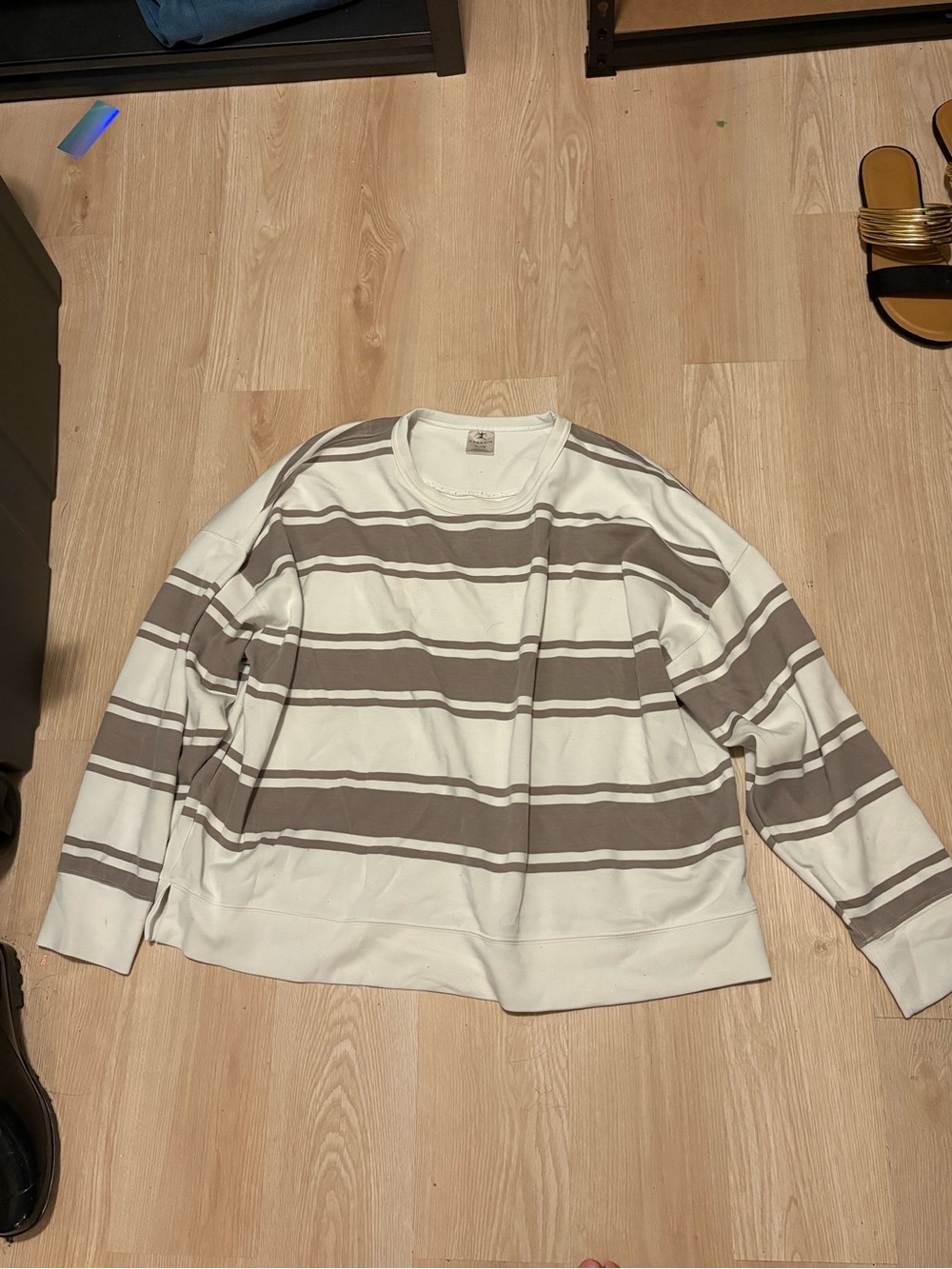 Danskin Cream and Taupe Striped Crewneck Sweater